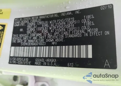 2010 Toyota Highlander Limited V6 z USA, uszkodzony, nr VIN 5TDYK3EH0AS010023